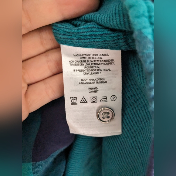 Columbia Plaid Button Down Cotton Hooded Shirt Teal Navy Blue Size S - Picture 4 of 7